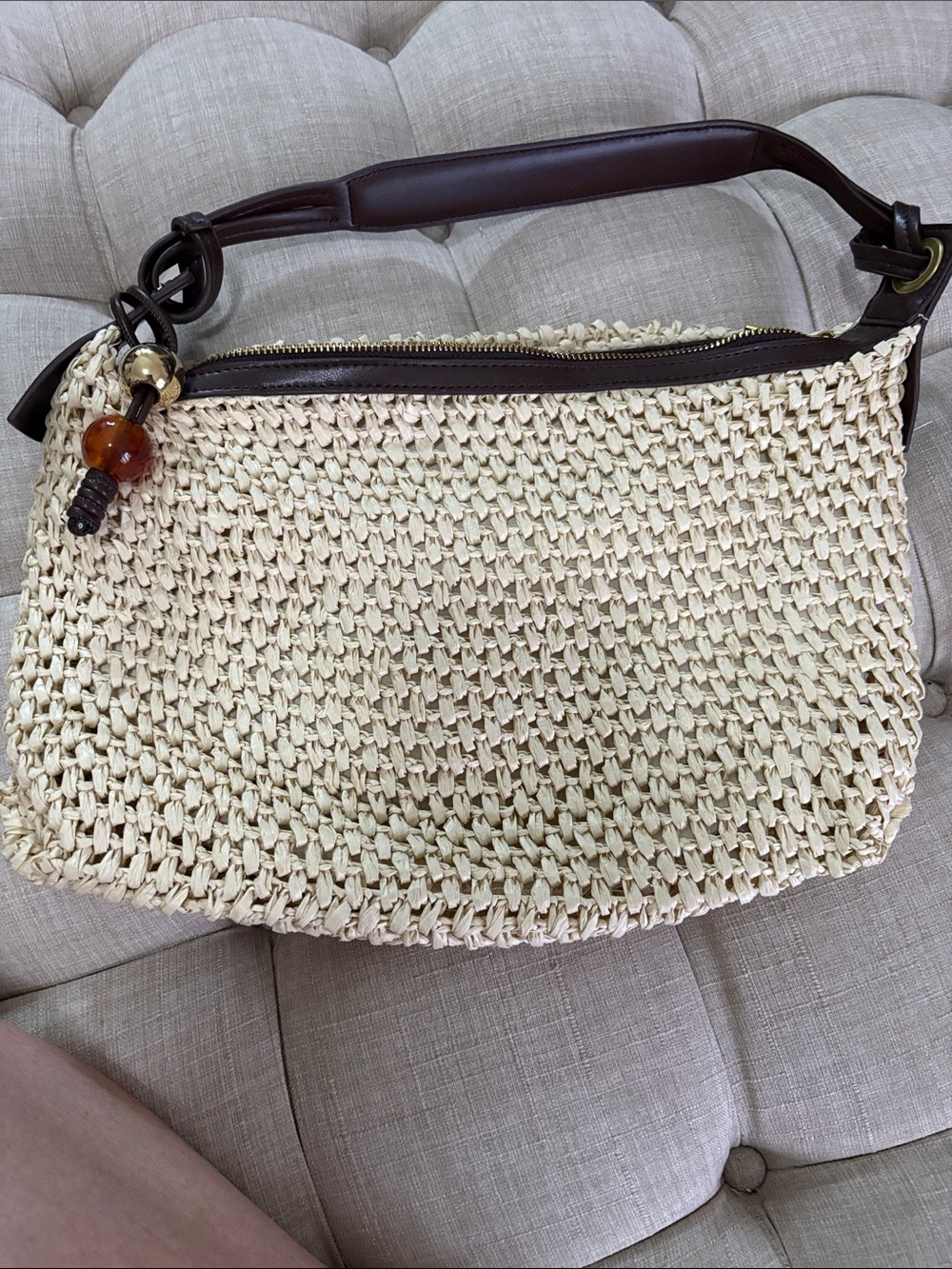 Woven Cream Shoulder Bag with Dark Brown Trim